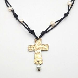 Handmade Hammered Cross Necklace w/ Freshwater Pearls on Cord 18" Boho Faith